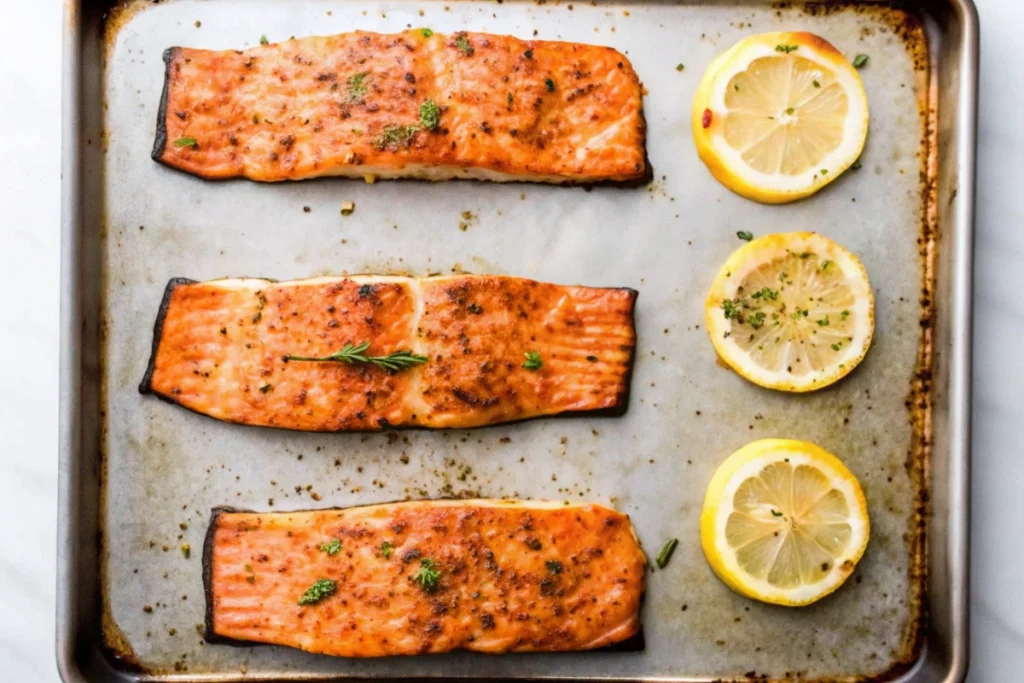 A close-up image of a deliciously baked salmon fillet, served with lemon and dill for a fresh, healthy dinner