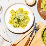 Jalapeño pesto zucchini pasta with corn