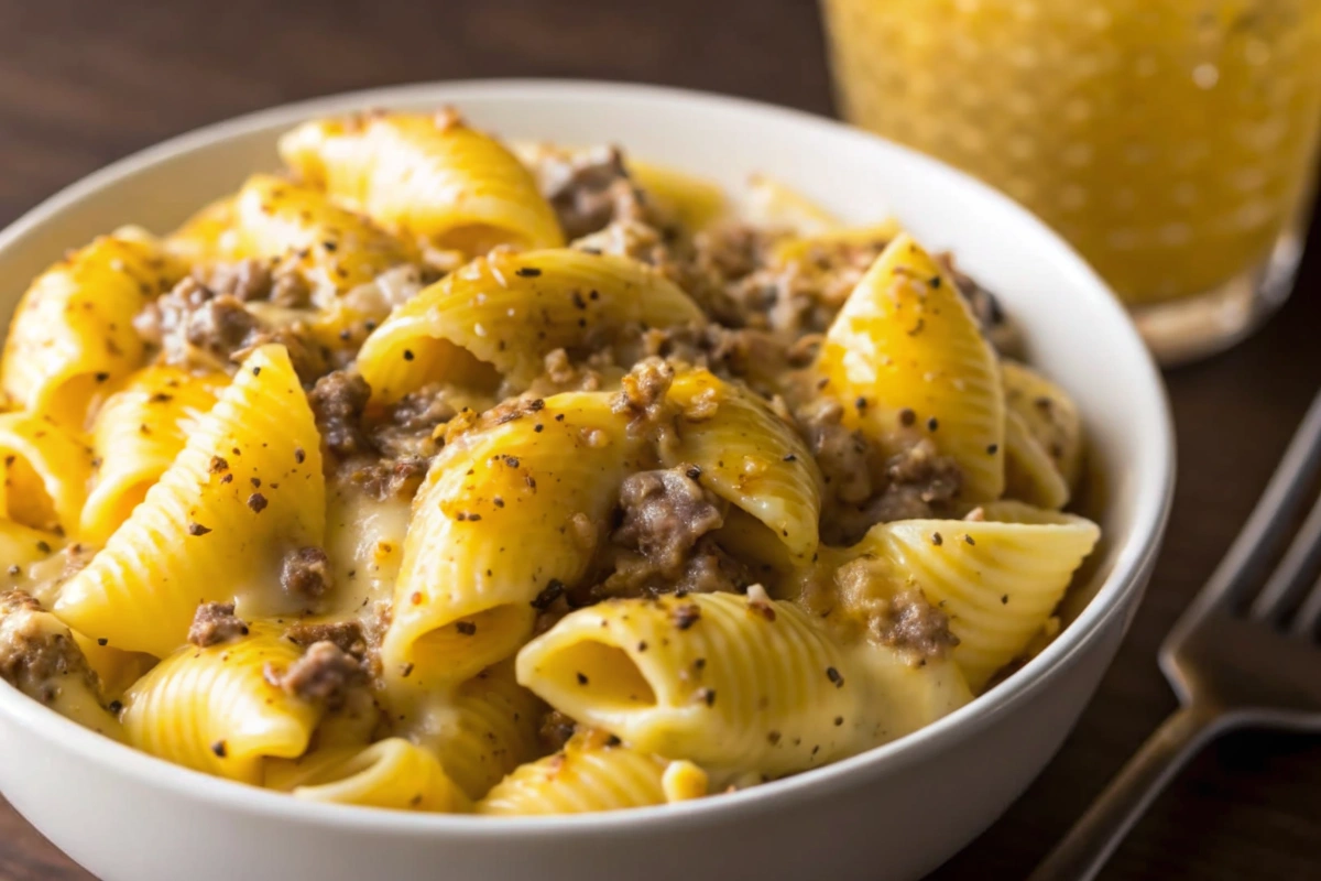 Crockpot Cheesy Ranch Beef Pasta Shells
