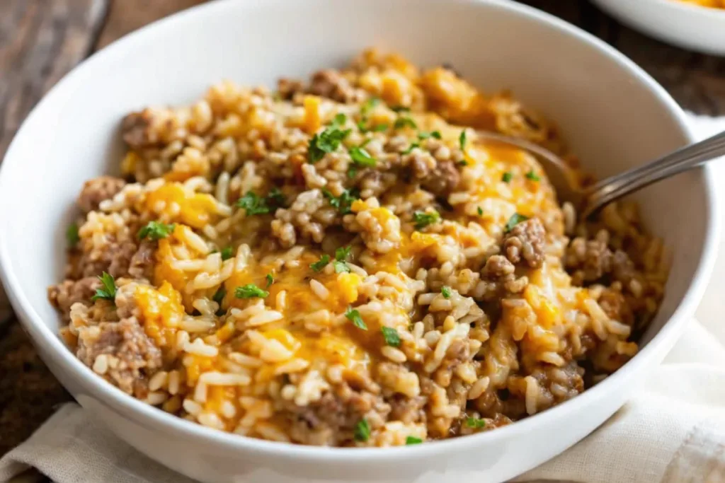 Cheesy Ground Beef and Rice Casserole