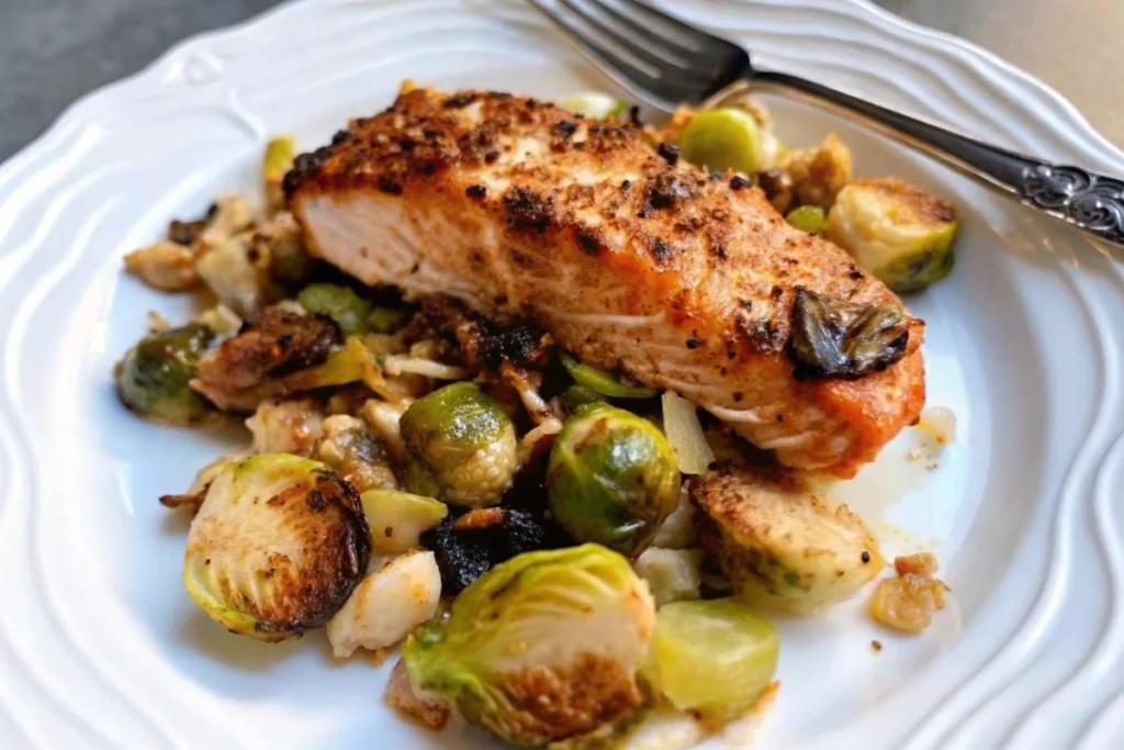 Salmon Sheet Pan Recipe with Shaved Brussels Sprouts