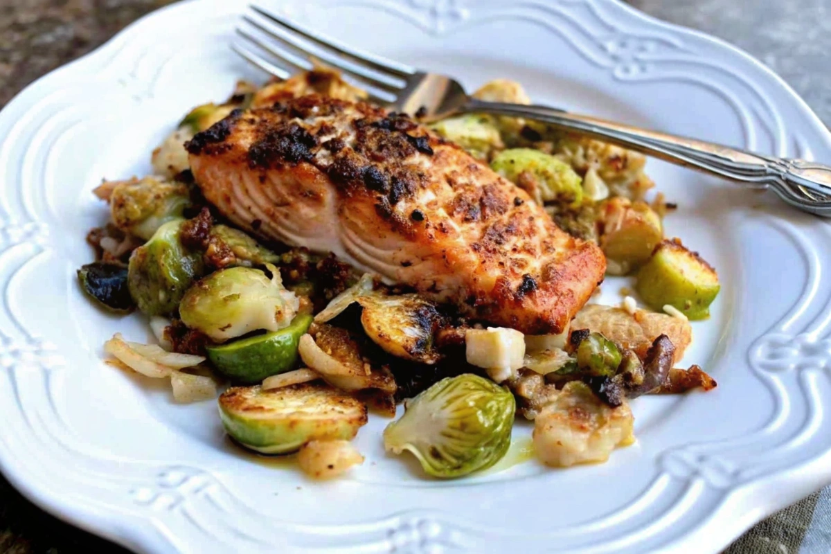 Salmon Sheet Pan Recipe with Shaved Brussels Sprouts