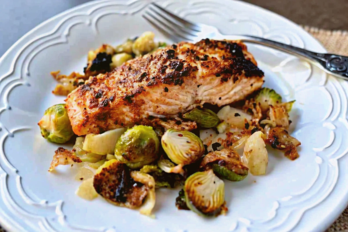 Salmon Sheet Pan Recipe with Shaved Brussels Sprouts