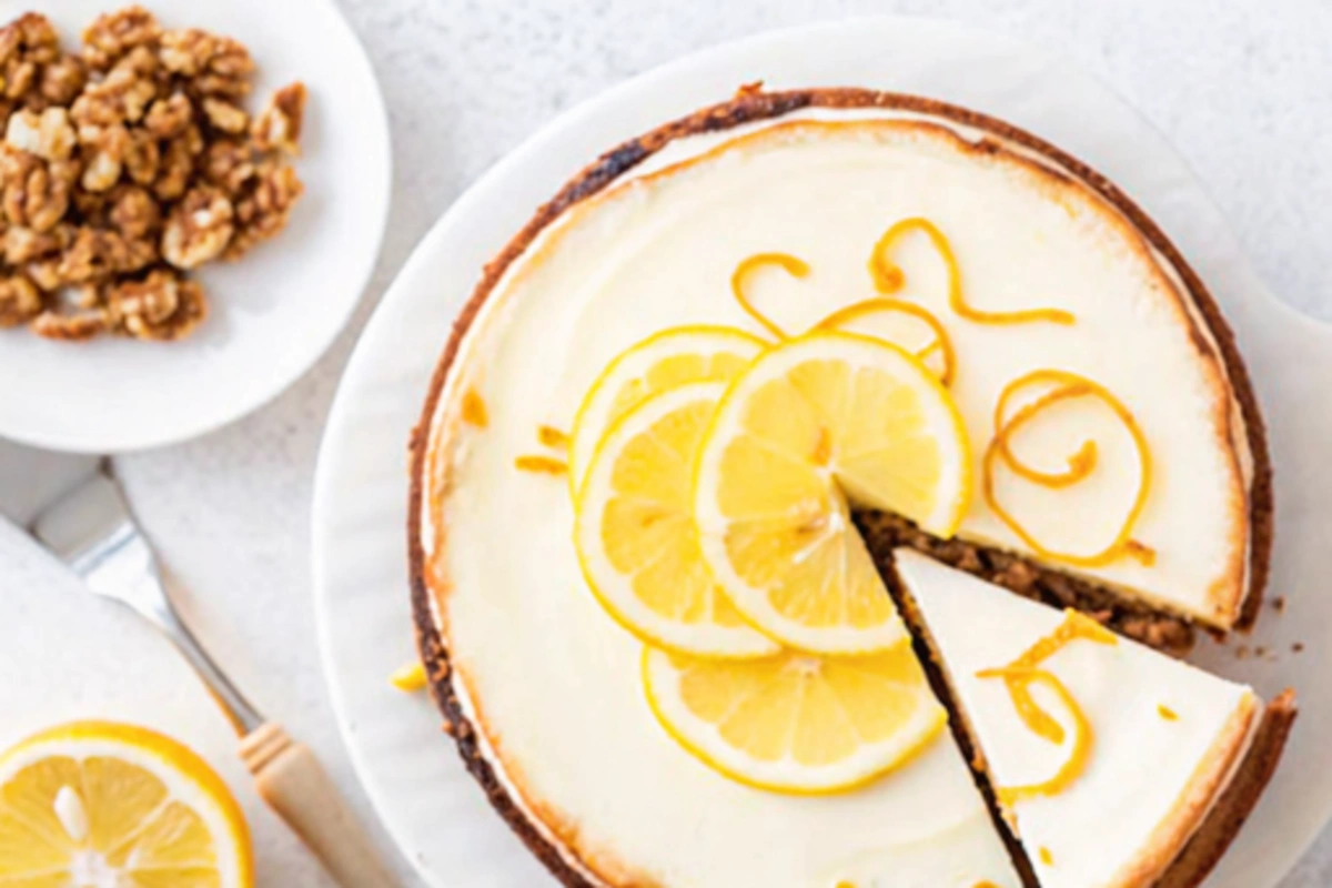 Meyer Lemon Ricotta Cheesecake with Walnut Crust