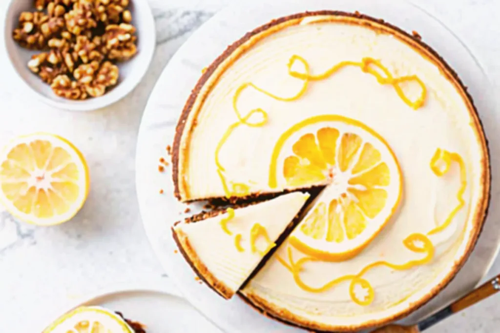 Meyer Lemon Ricotta Cheesecake with Walnut Crust