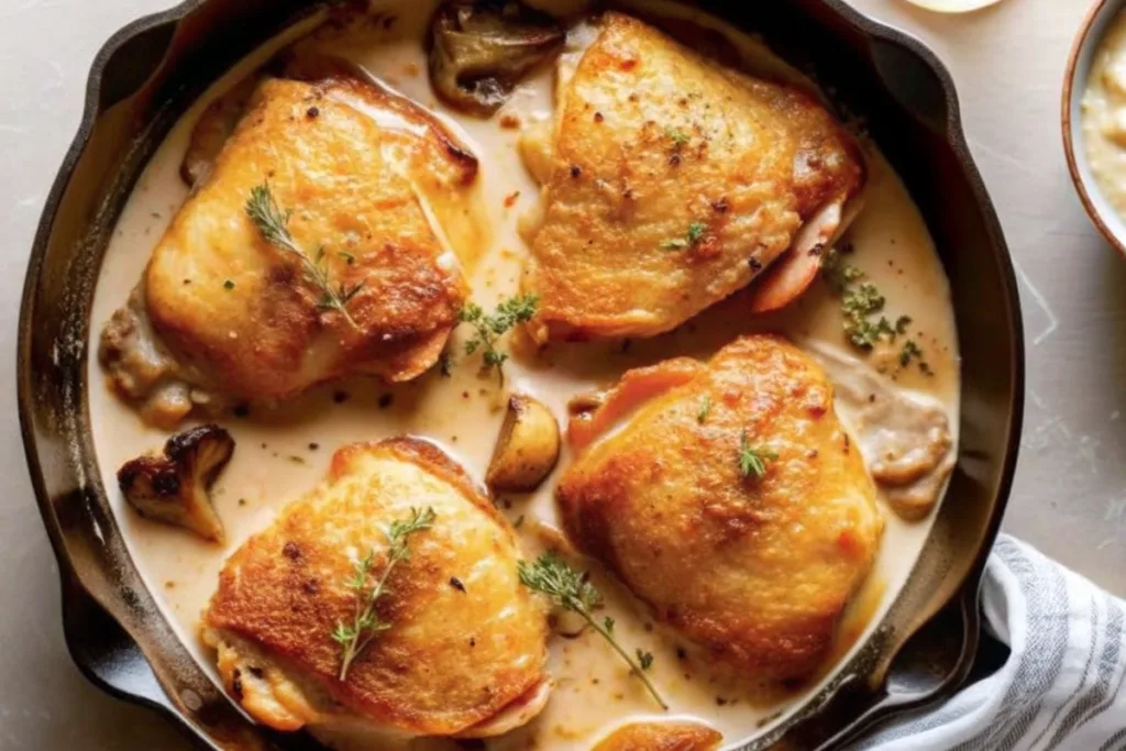 Crispy Chicken Thighs in a Creamy Mushroom Sauce