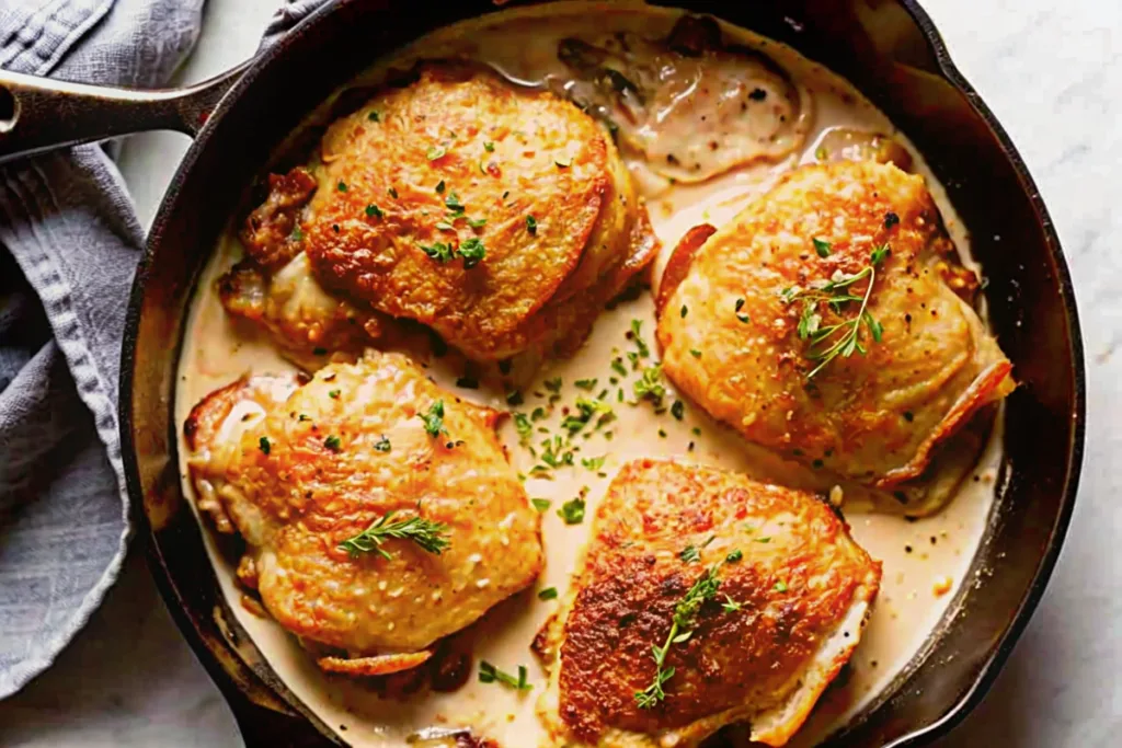 Crispy Chicken Thighs in a Creamy Mushroom Sauce