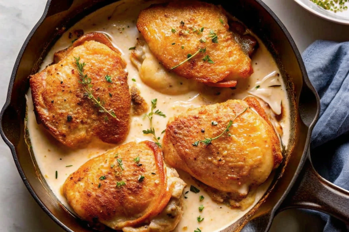 Crispy Chicken Thighs in a Creamy Mushroom Sauce