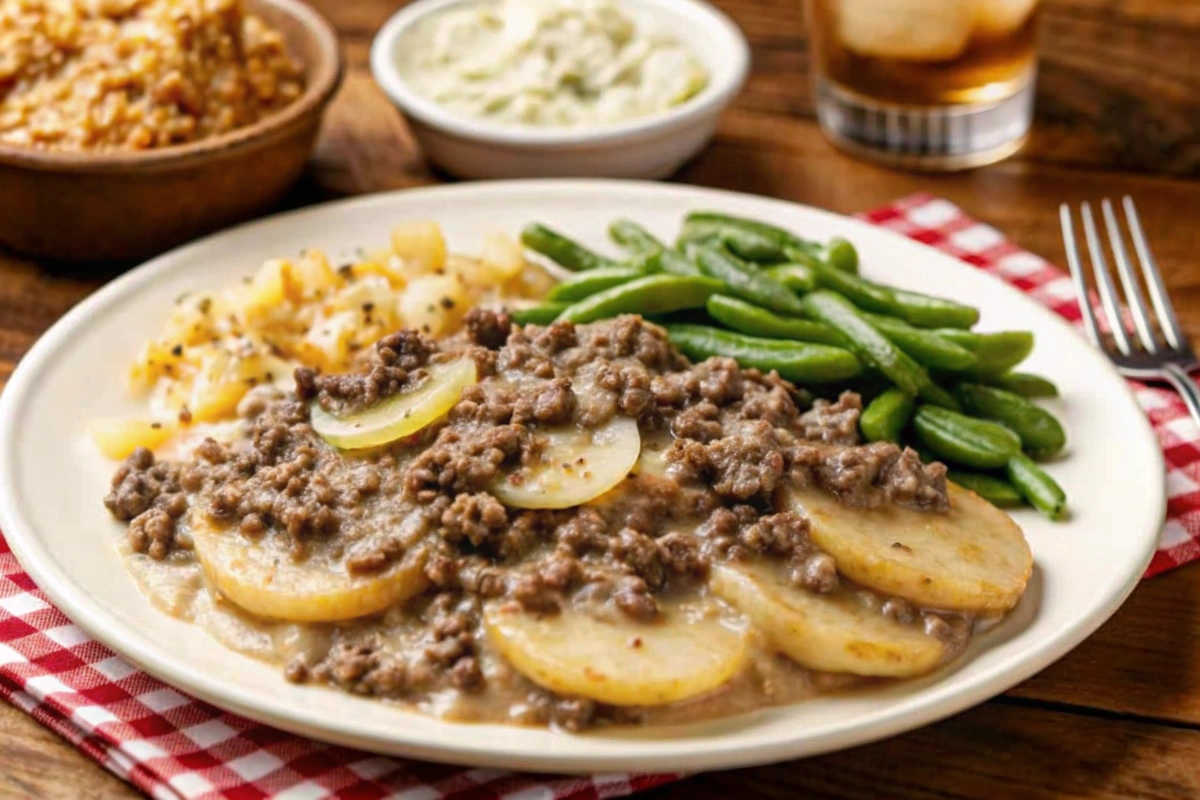 Serving Crock Pot Ground Beef and Potato Dinner
