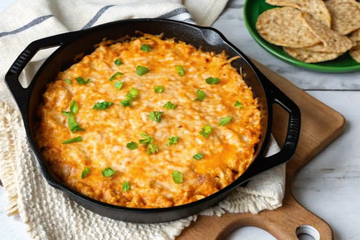 Golden, bubbly Easy Healthy Buffalo Chicken Dip fresh from the oven