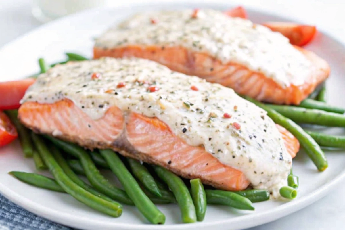 Easy Sour Cream Baked Salmon on a white platter with lemon slices and herbs