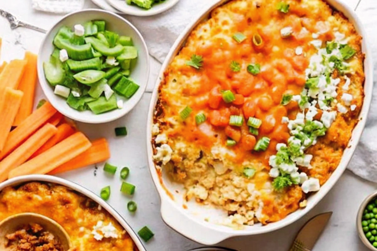 Bowl of creamy Healthier Buffalo Chicken Dip with celery sticks