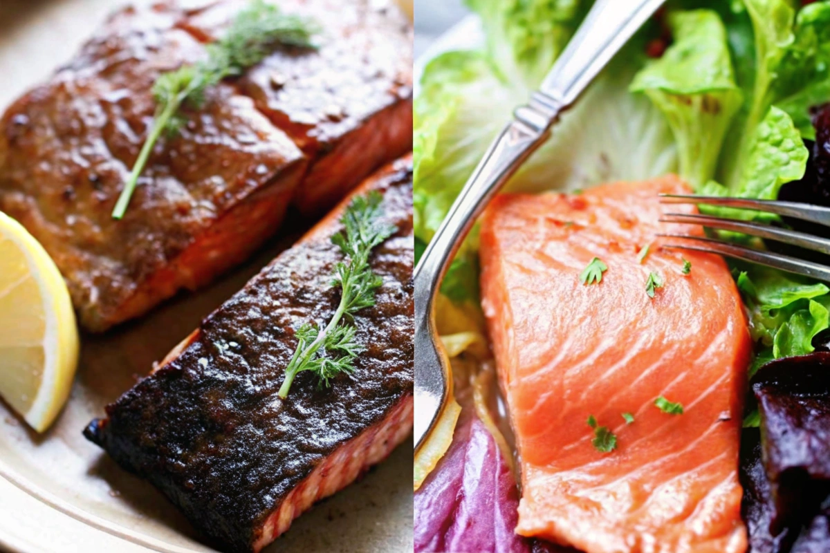 Perfectly cooked Sous Vide Salmon plated with herbs
