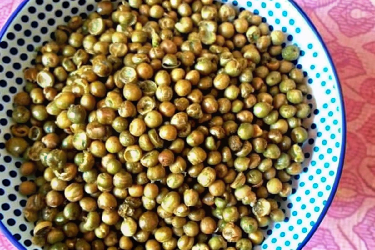 Close-up of crispy baked peas in a mason jar
