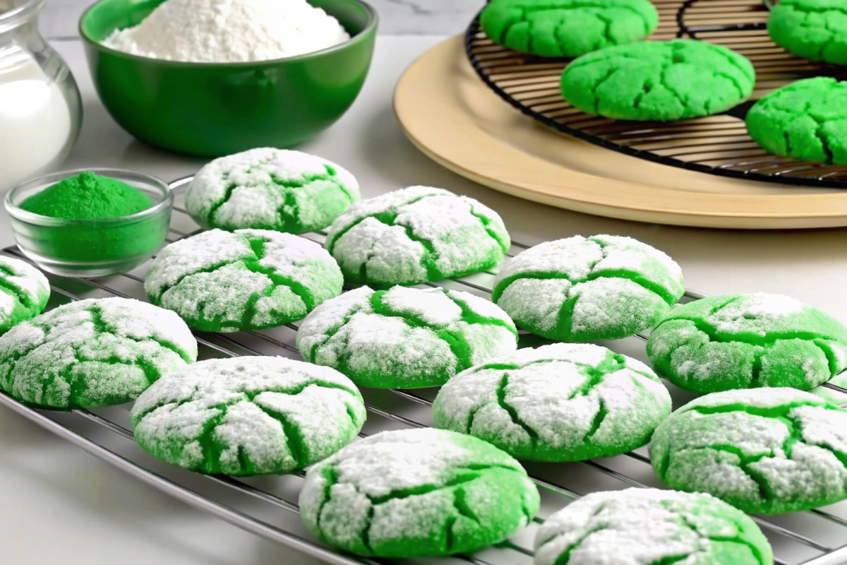 Bowl of bright green cookie dough with measuring spoons