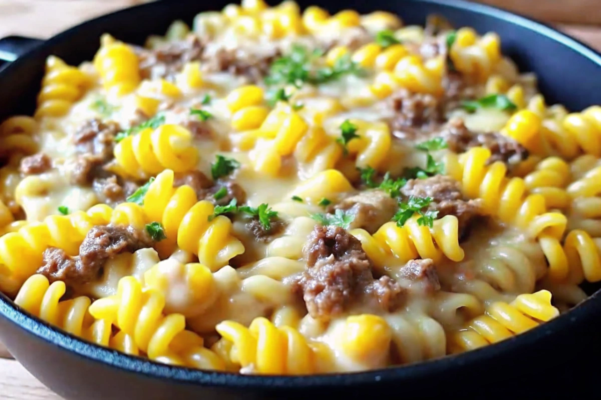 Loaded Cheddar Beef and Sweet Corn Rotini Bake