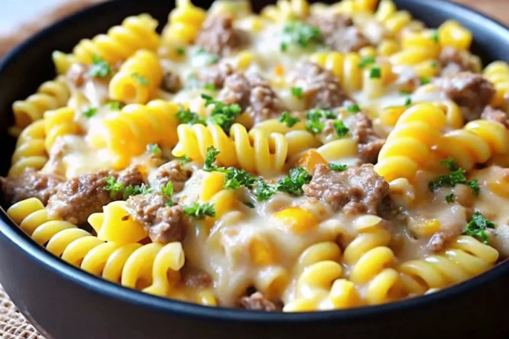 Loaded Cheddar Beef and Sweet Corn Rotini Bake