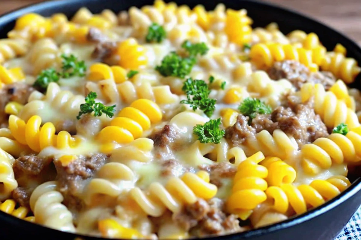 Loaded Cheddar Beef and Sweet Corn Rotini Bake