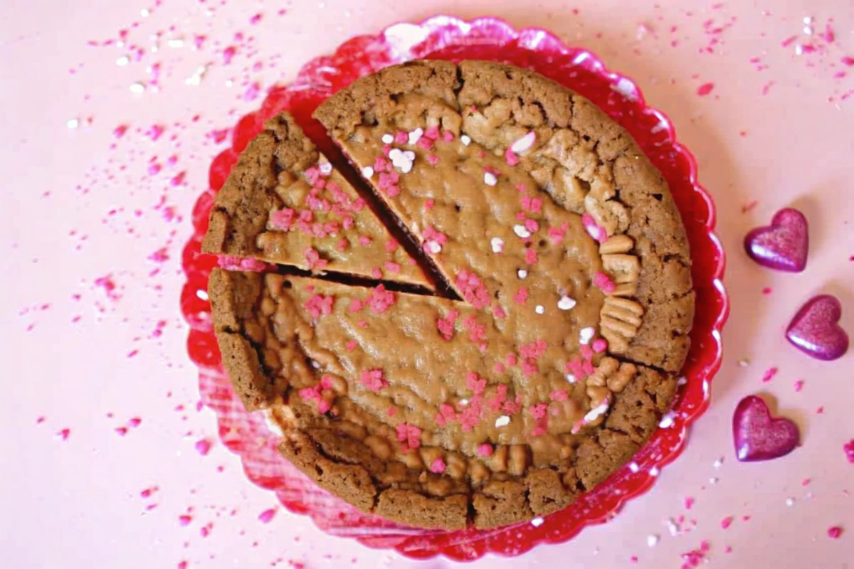 Close-up of Valentine's cookie cake with drizzle icing