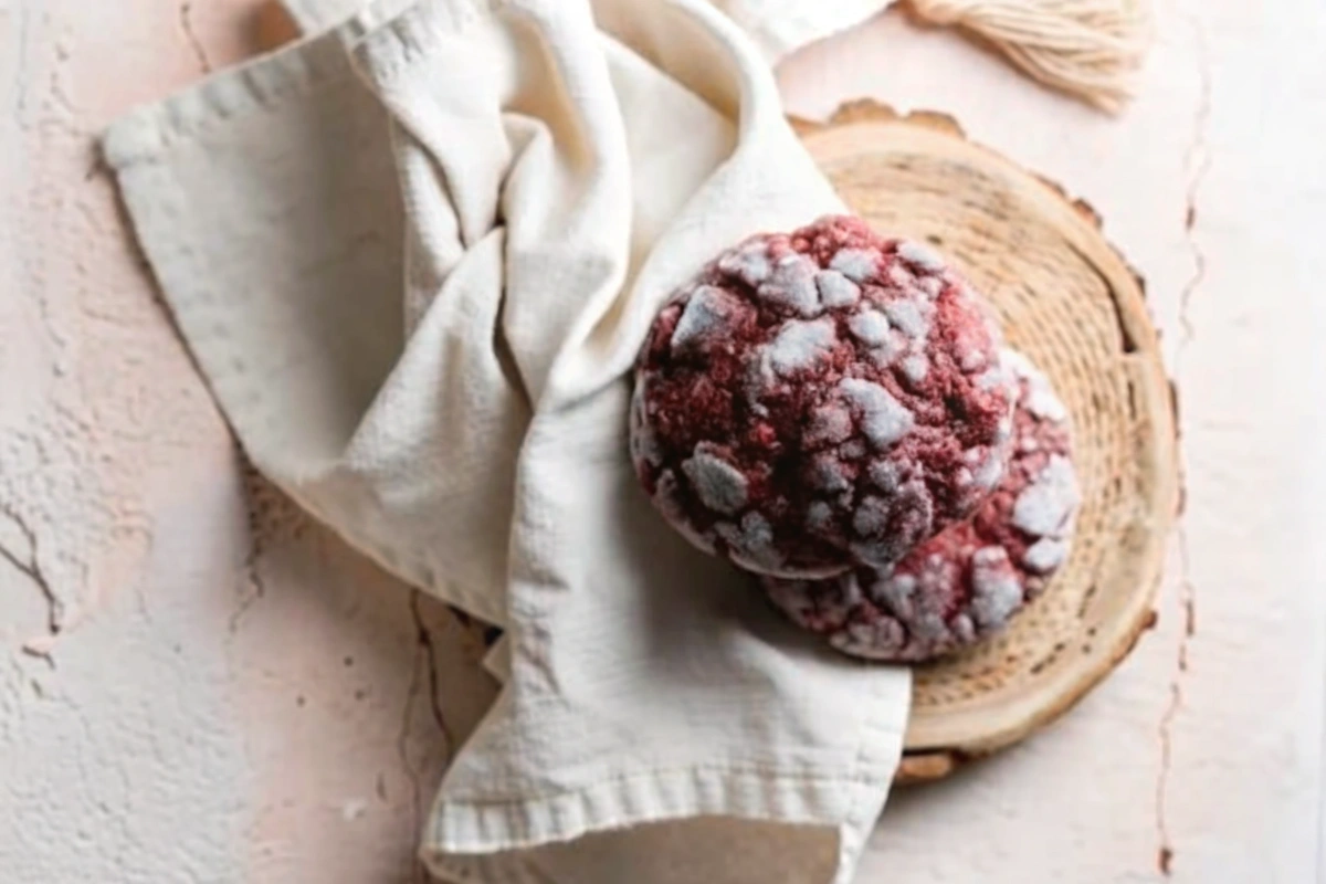 Stacked Red Velvet Cookies with powdered sugar crinkle on a heart-shaped plate