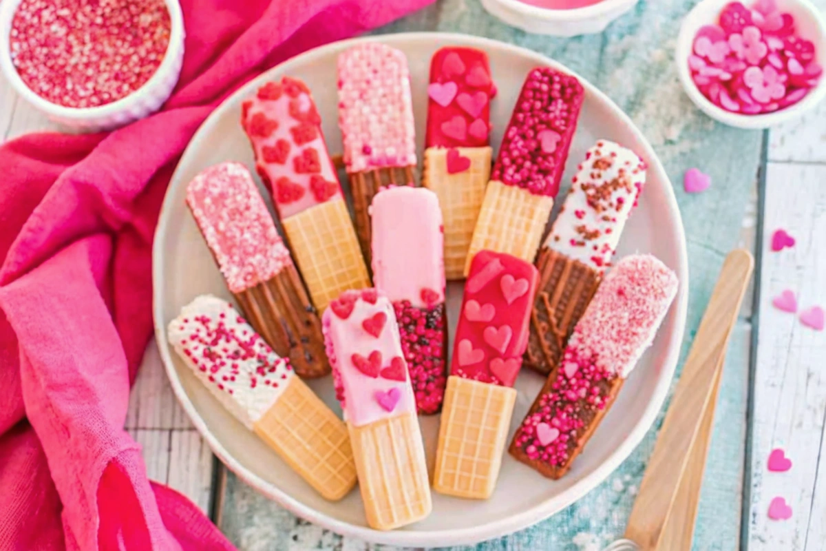 Homemade pink and white layered Valentine wafer cookies with sprinkles