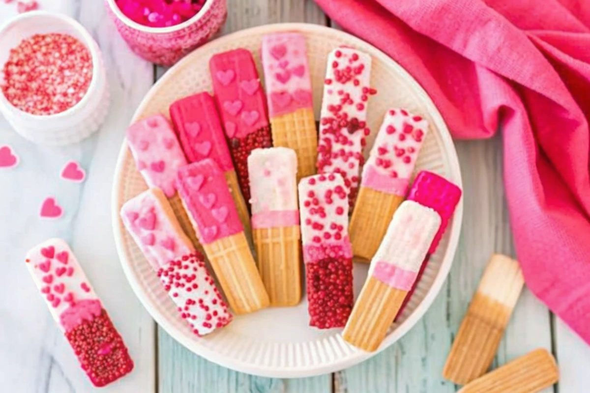 Close-up of homemade layered wafer cookies decorated with candy melts