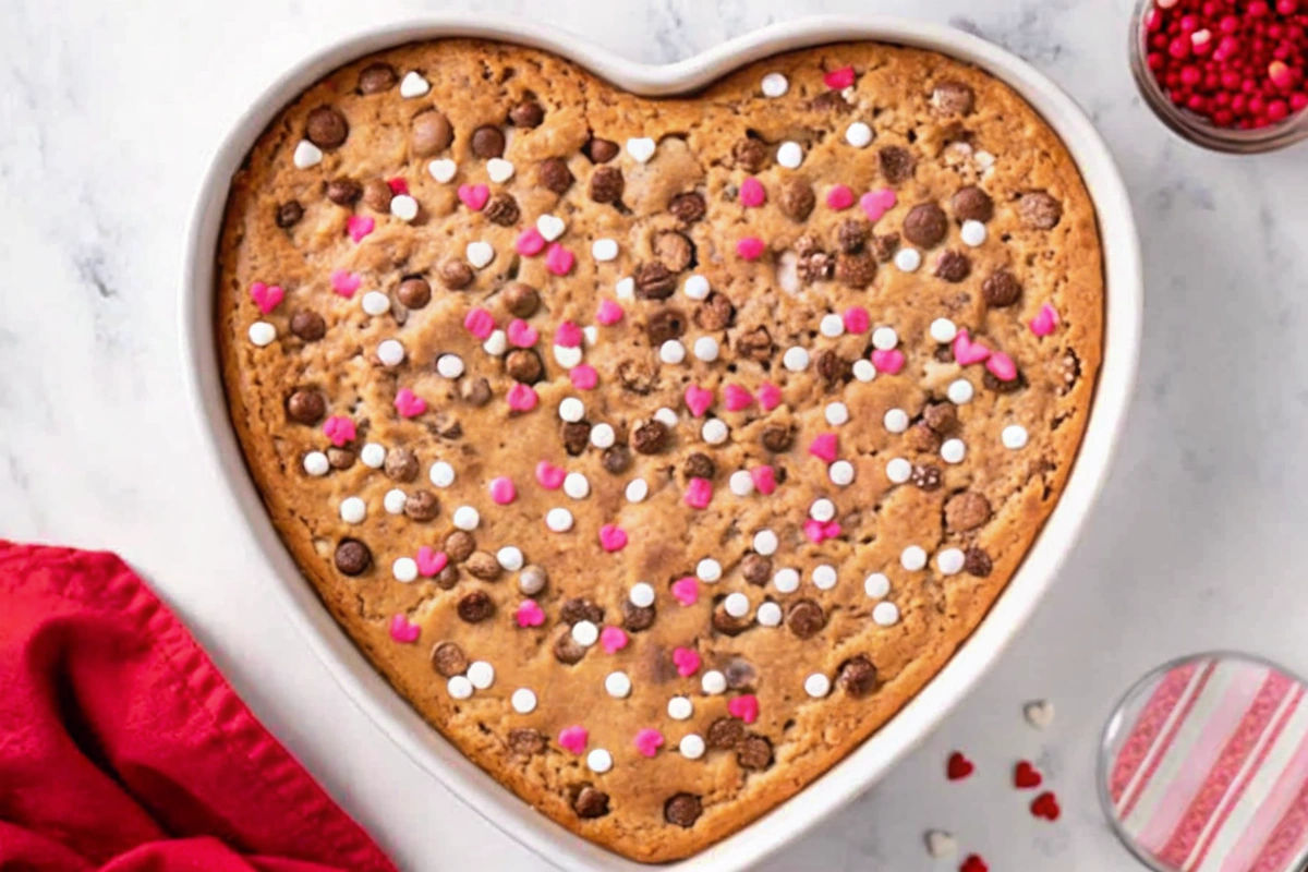 Valentine's Day Cookie Bars sliced and stacked with a glass of milk