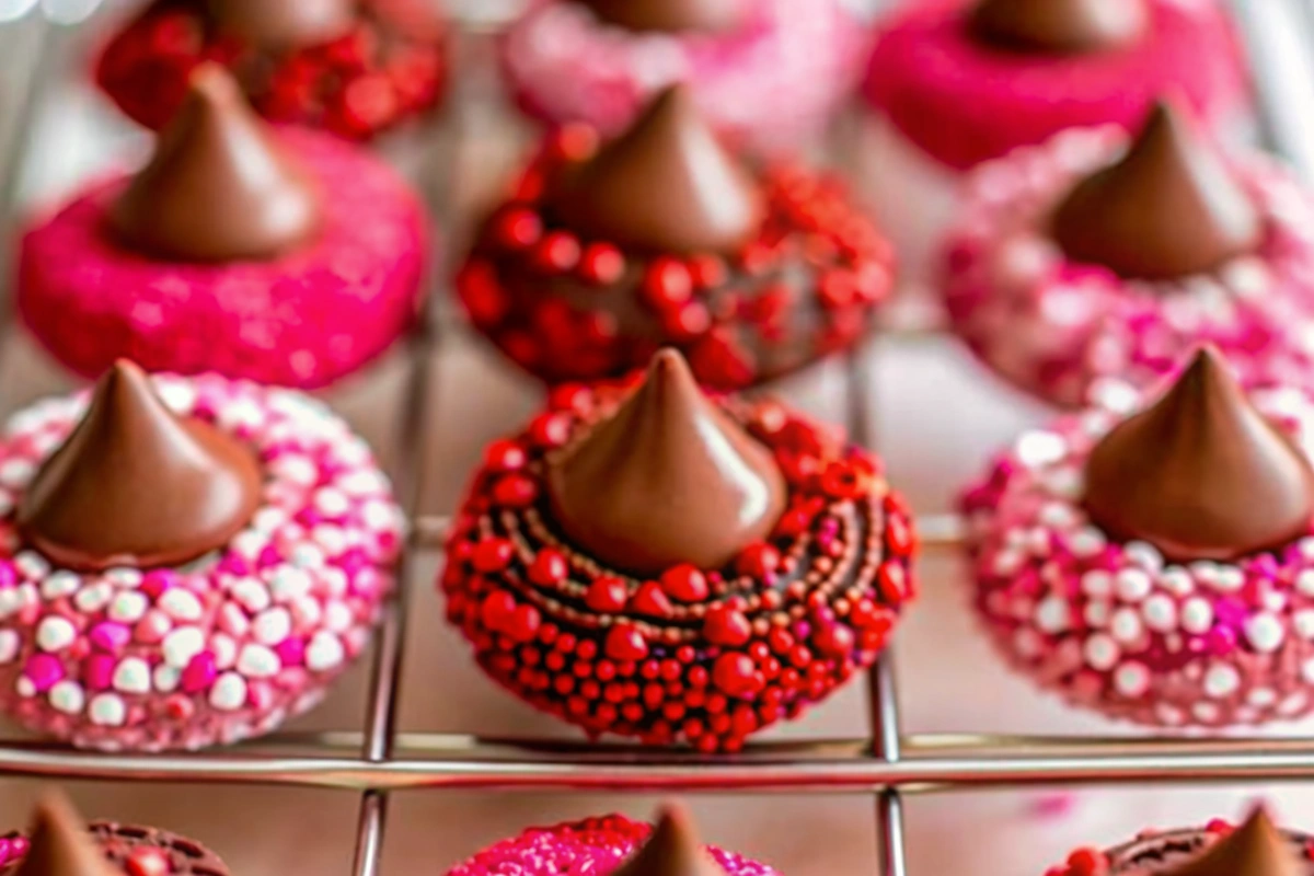 Rustic wooden board with heart-shaped Valentine's Day Kiss Cookies decorated with red sprinkles