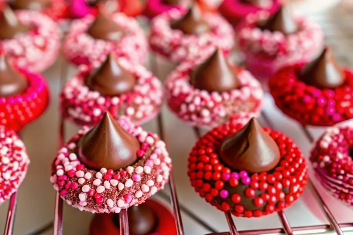 Close-up of hand pressing Hershey's Kiss into warm cookie with festive heart sprinkles