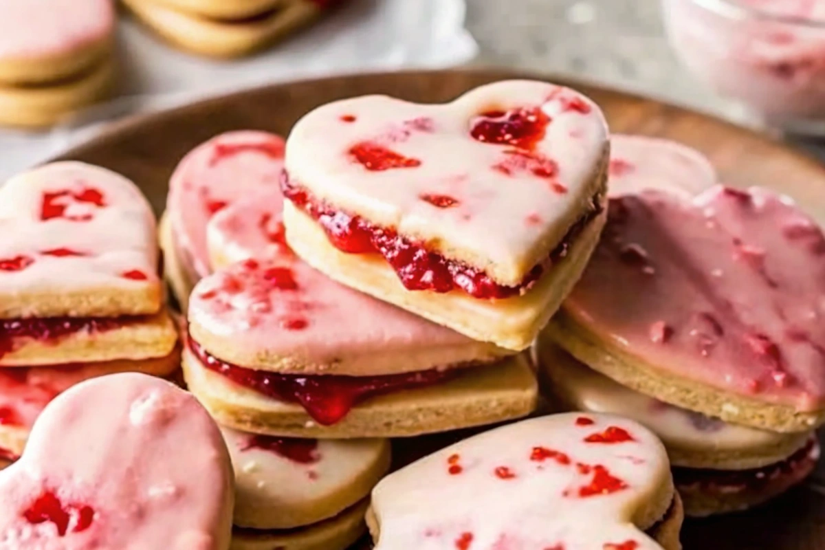 Close-up of a pink-glazed strawberry shortbread cookie with jam filling