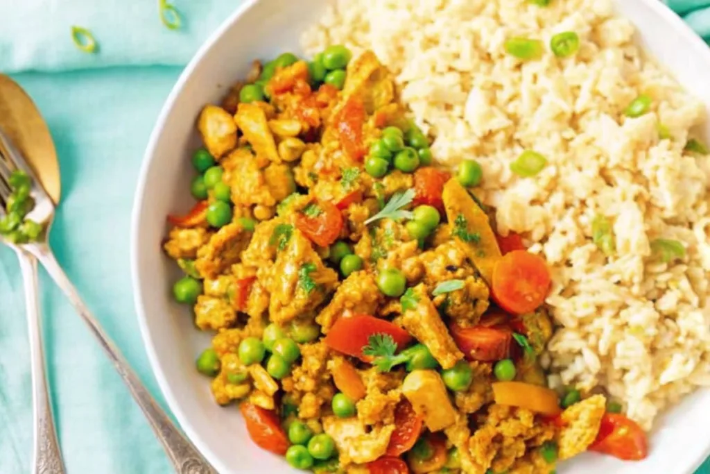 Curry Ground Turkey with Rice and Peas