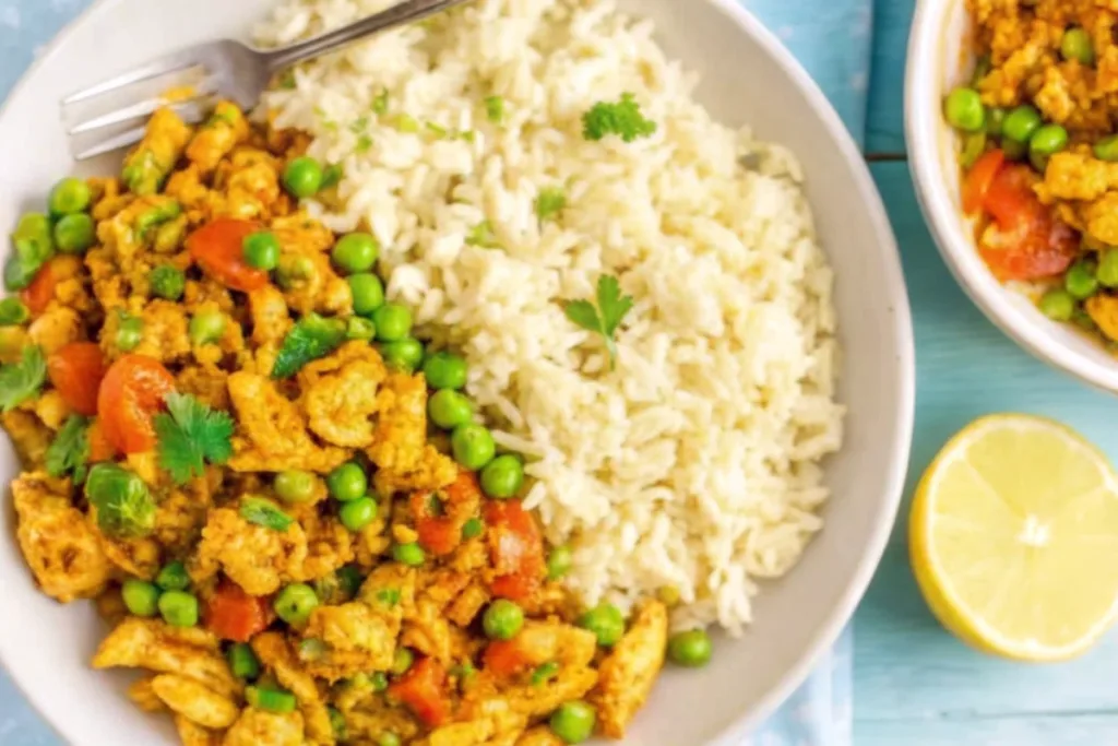 Curry Ground Turkey with Rice and Peas